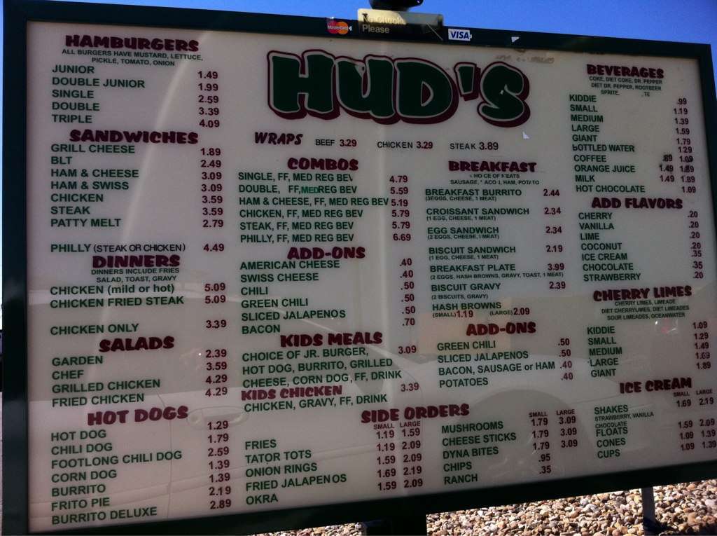 Hud's Burgers Menu, Menu for Hud's Burgers, Amarillo, Amarillo Urbanspoon/Zomato
