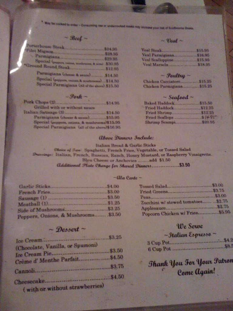 Menu at Mangialardo's restaurant, Sayre