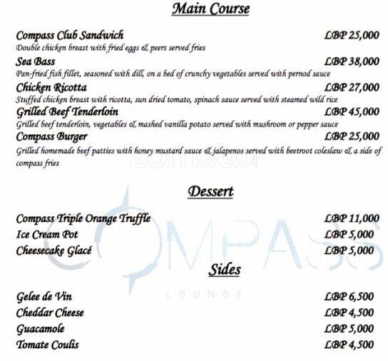 Compass Lounge menu