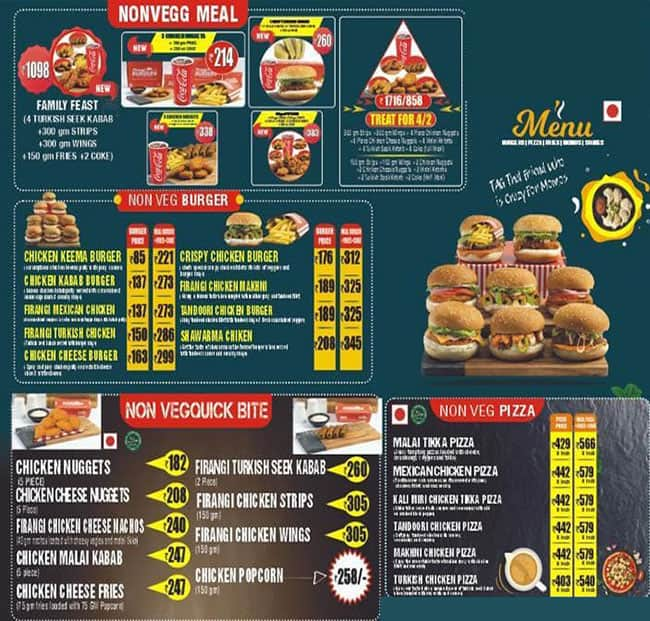 Menu of Firangi Burgers, Sayajigunj, Vadodara