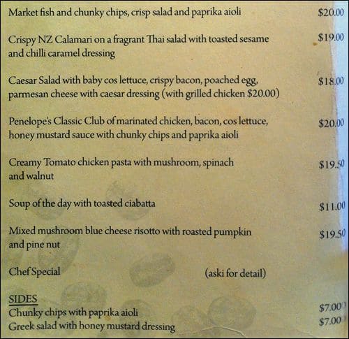 Menu at Penelope cafe, Auckland