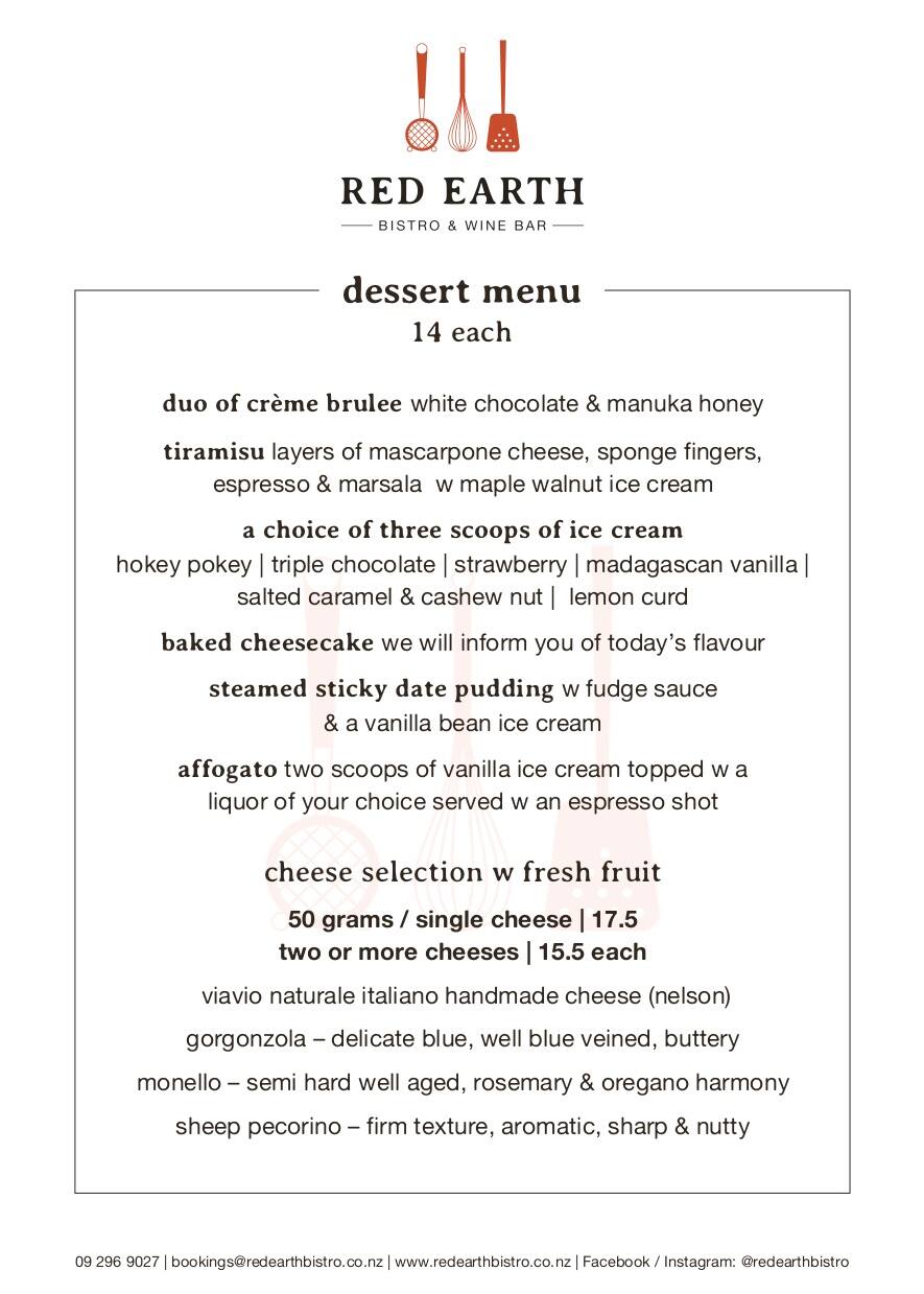Menu at Red Earth Bistro and Wine Bar, Auckland