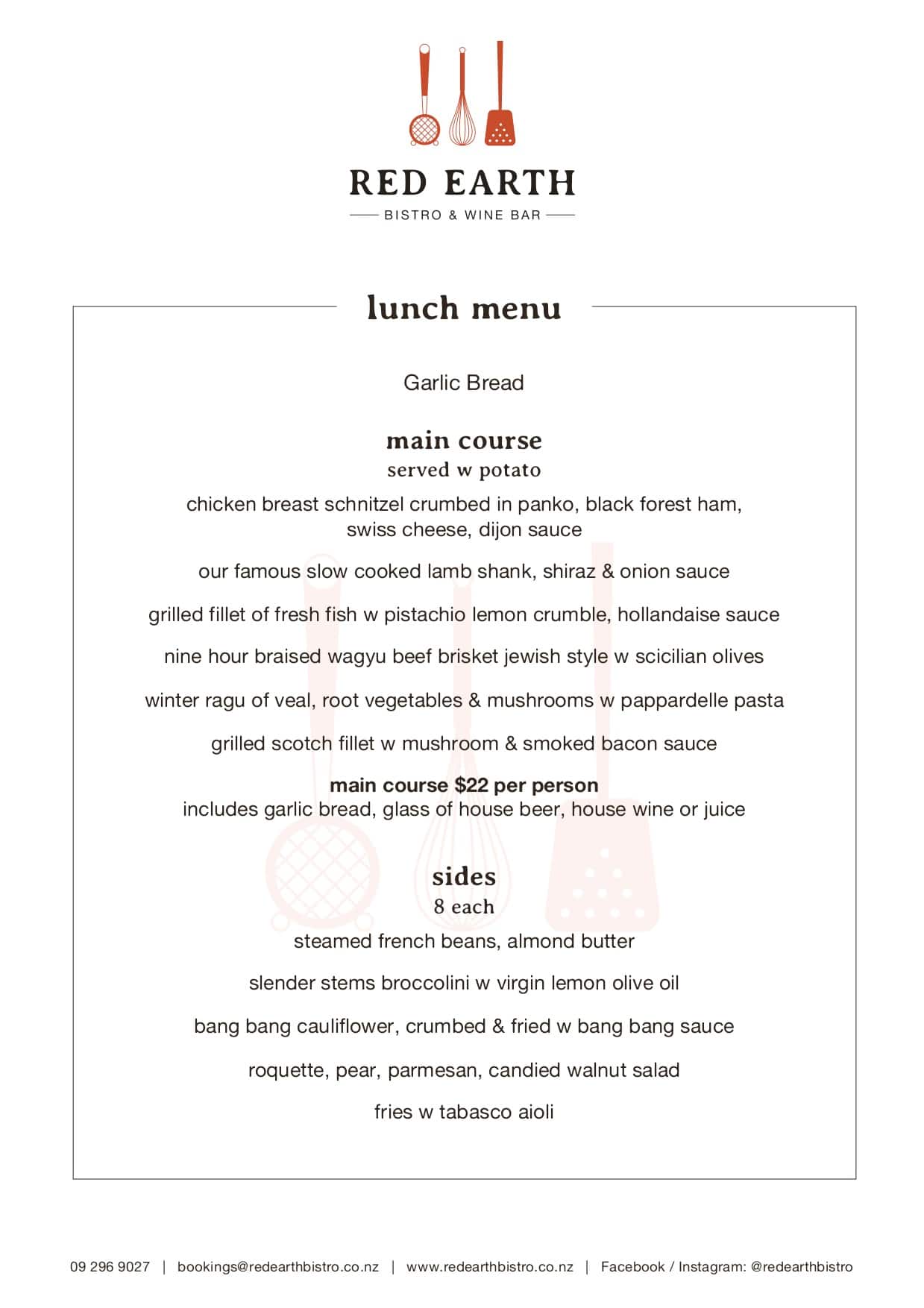 Menu at Red Earth Bistro and Wine Bar, Auckland