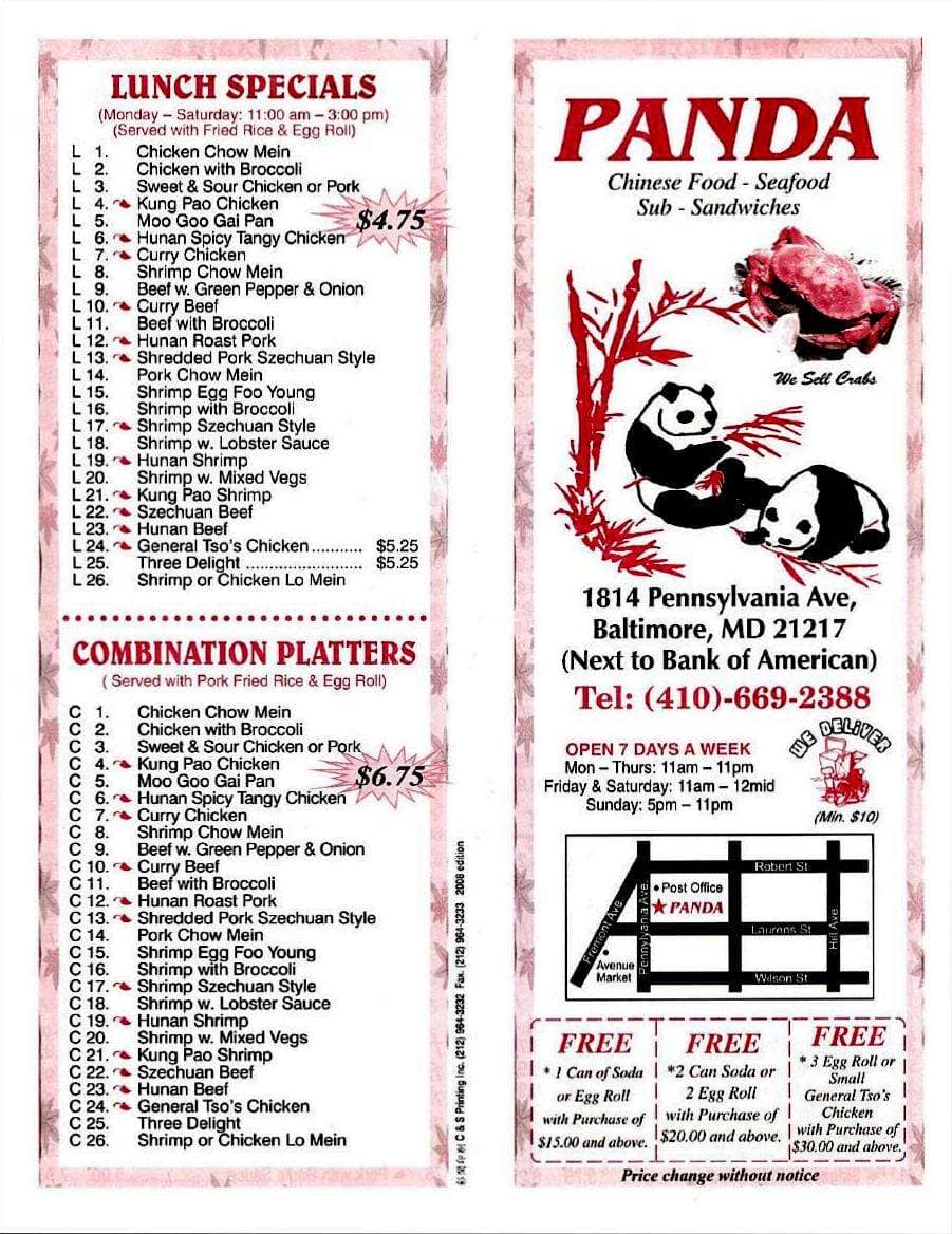 Carta de Panda City Carryout Chinese and american food