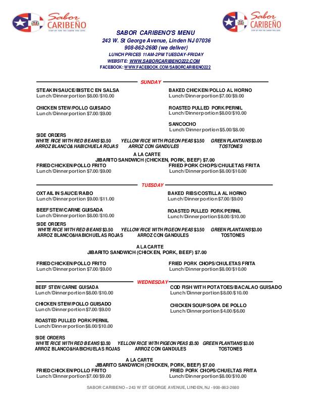 Sabor Caribeño Menu Menu For Sabor Caribeño Linden Linden