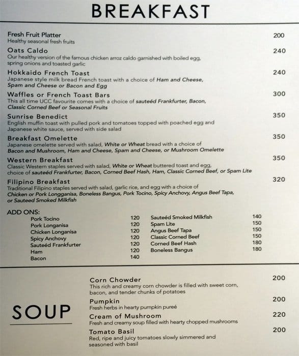 UCC Café Terrace Menu, Menu for UCC Café Terrace, Newport City, Pasay