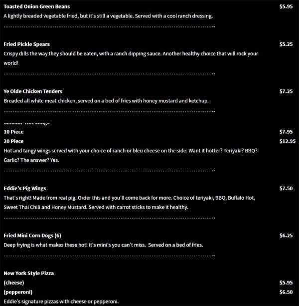 Fast Eddie's menu