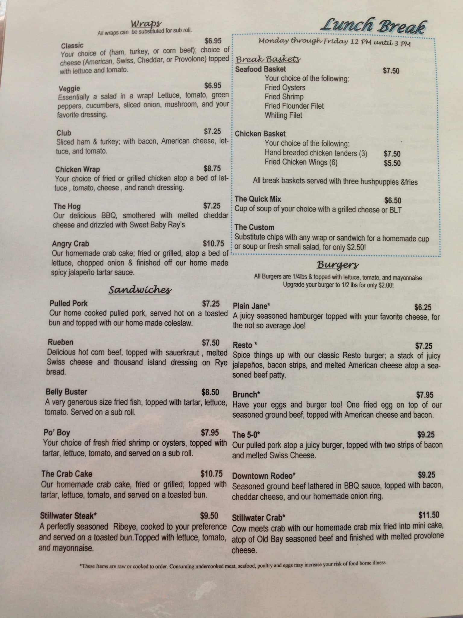 Menu at Stillwater Tavern pub & bar, Hampton