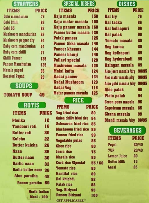 Pallavi North Indian Veg Restaurant Menu Zomato