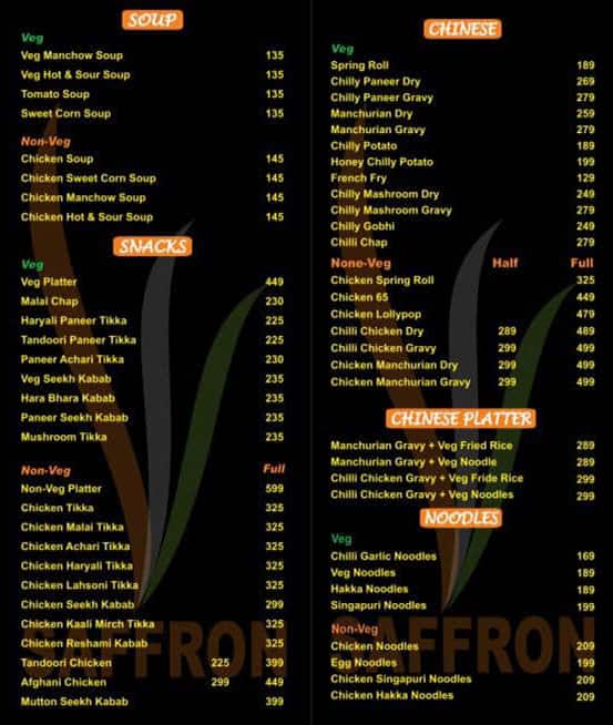 Menu of Saffron The Restaurant, Gamma 1, Greater Noida
