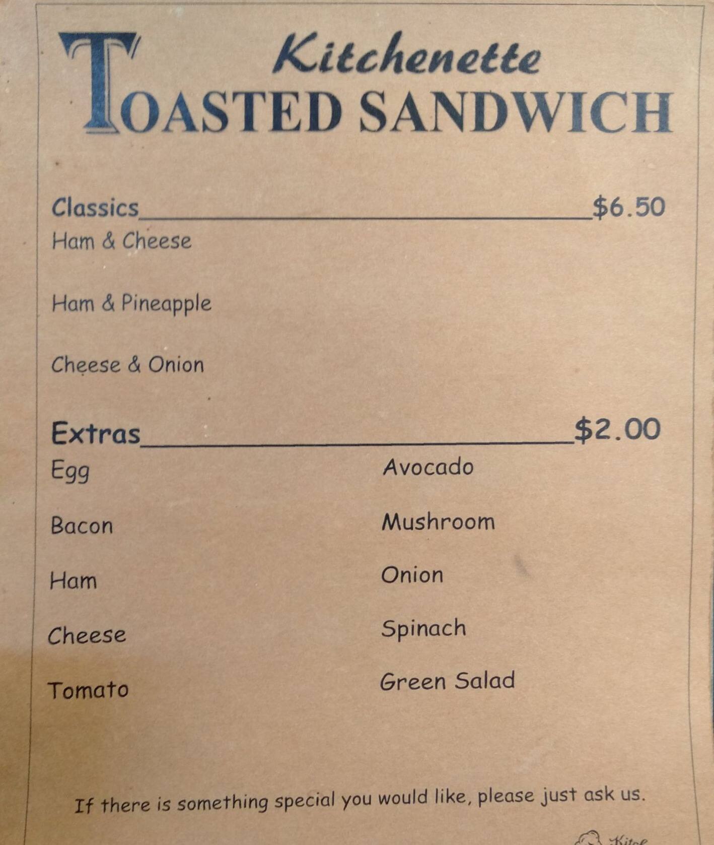 Menu at cafe, Auckland