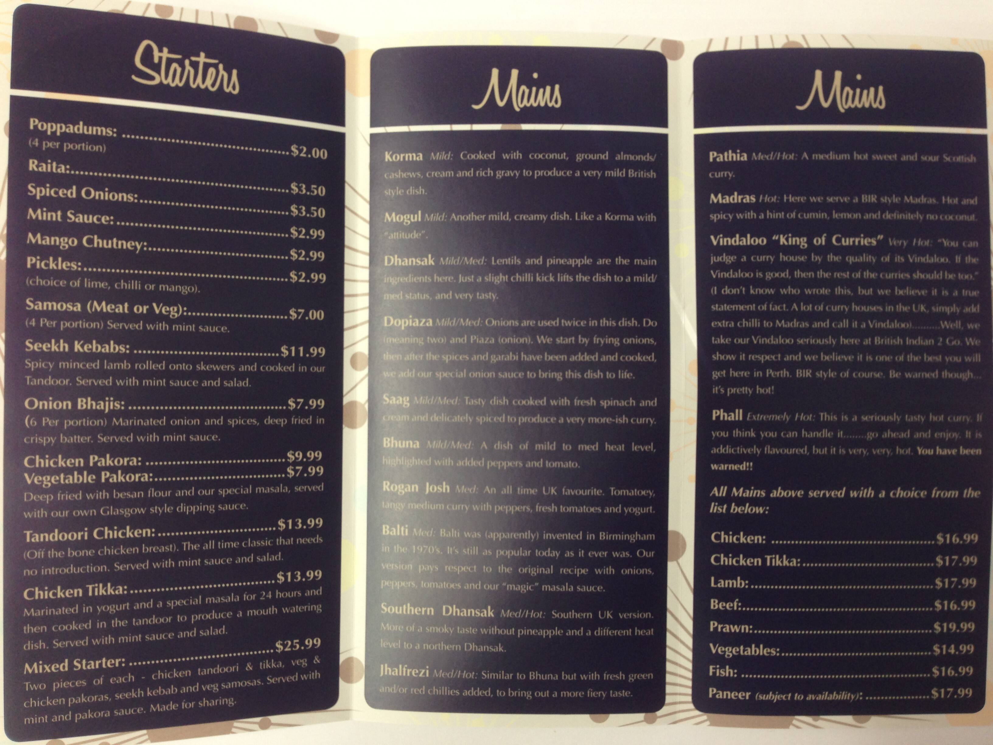 British Indian 2 Go Menu, Menu for British Indian 2 Go, Kingsley, Perth