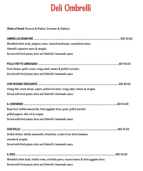 Menu of Ombrelli, Motor City, Dubai