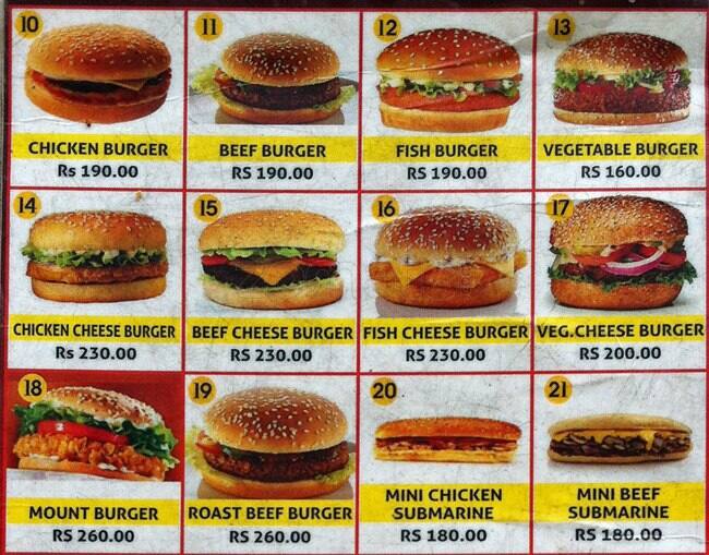 Mount Burger menu