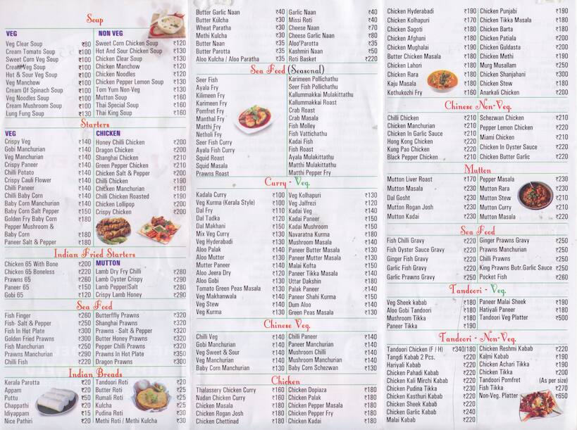Thalassery Restaurant Menu, Menu de Thalassery Restaurant, Whitefield