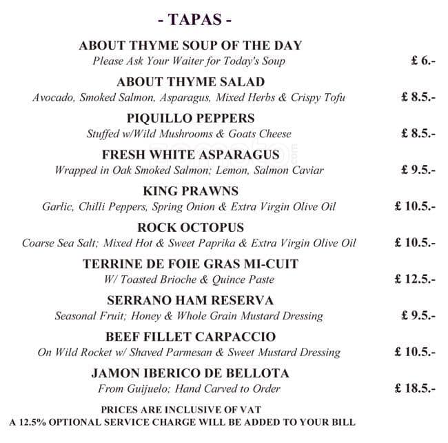 Menu at About Thyme Restaurant, London