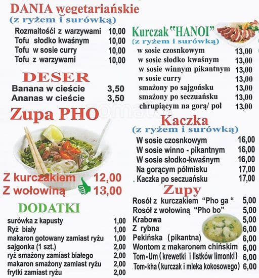 Menu at Bar Hanoi Pruszkow, Pruszków, Aleja Wojska Polskiego 72D