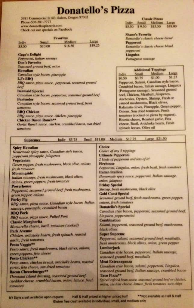 Menu at Donatello's Pizza pizzeria, Salem