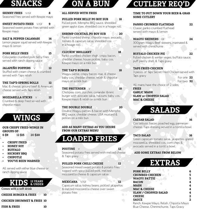 Taps Menu, Menu for Taps, Fortitude Valley, Brisbane Urbanspoon/Zomato
