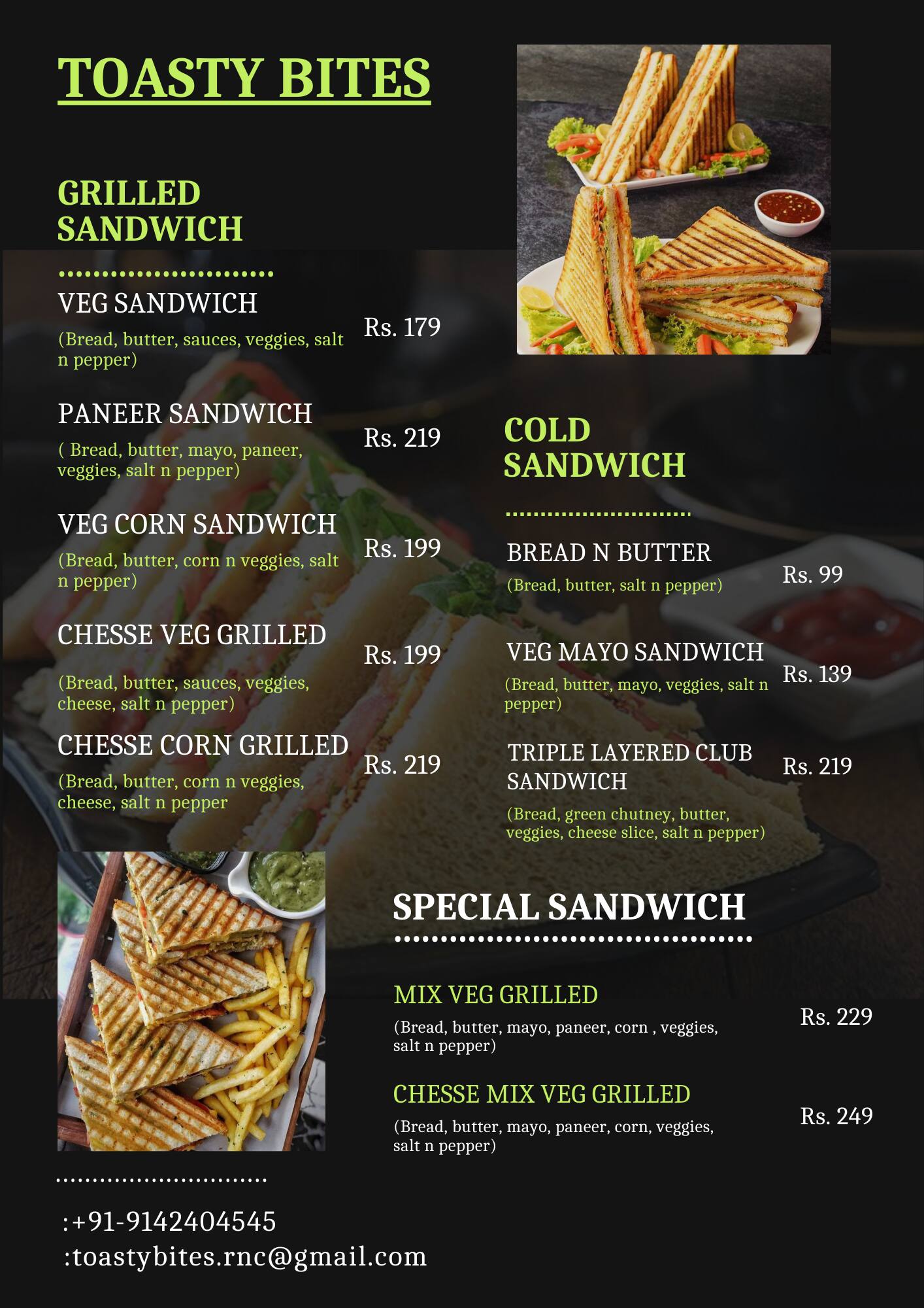 Menu of Toasty Bites, Hatia, Ranchi