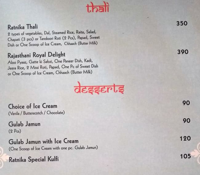 Ratnawali - A Vegetarian Heritage Hotel menu