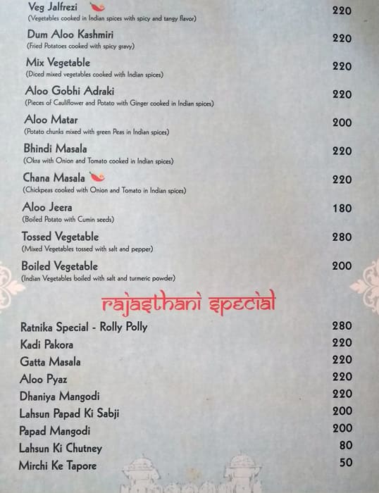 Ratnawali - A Vegetarian Heritage Hotel menu