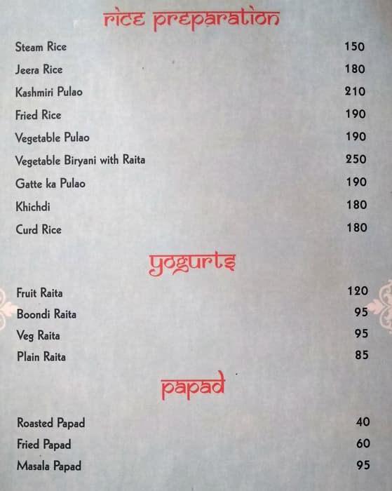 Ratnawali - A Vegetarian Heritage Hotel menu