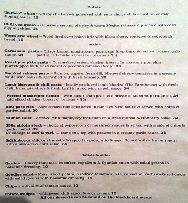 Menu at Goodfellas @ The Tuckshop pizzeria, Margaret River