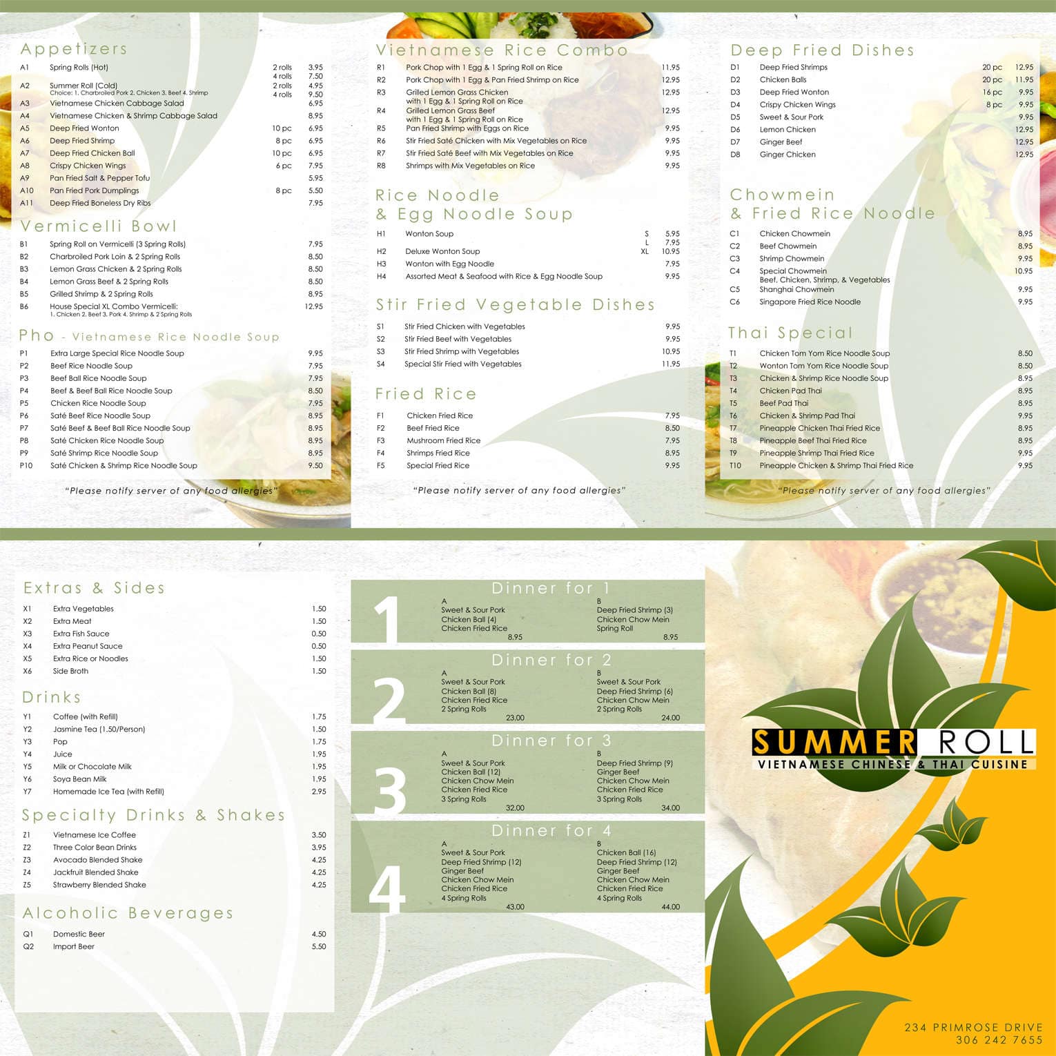 Menu at Summer Roll restaurant, Saskatoon