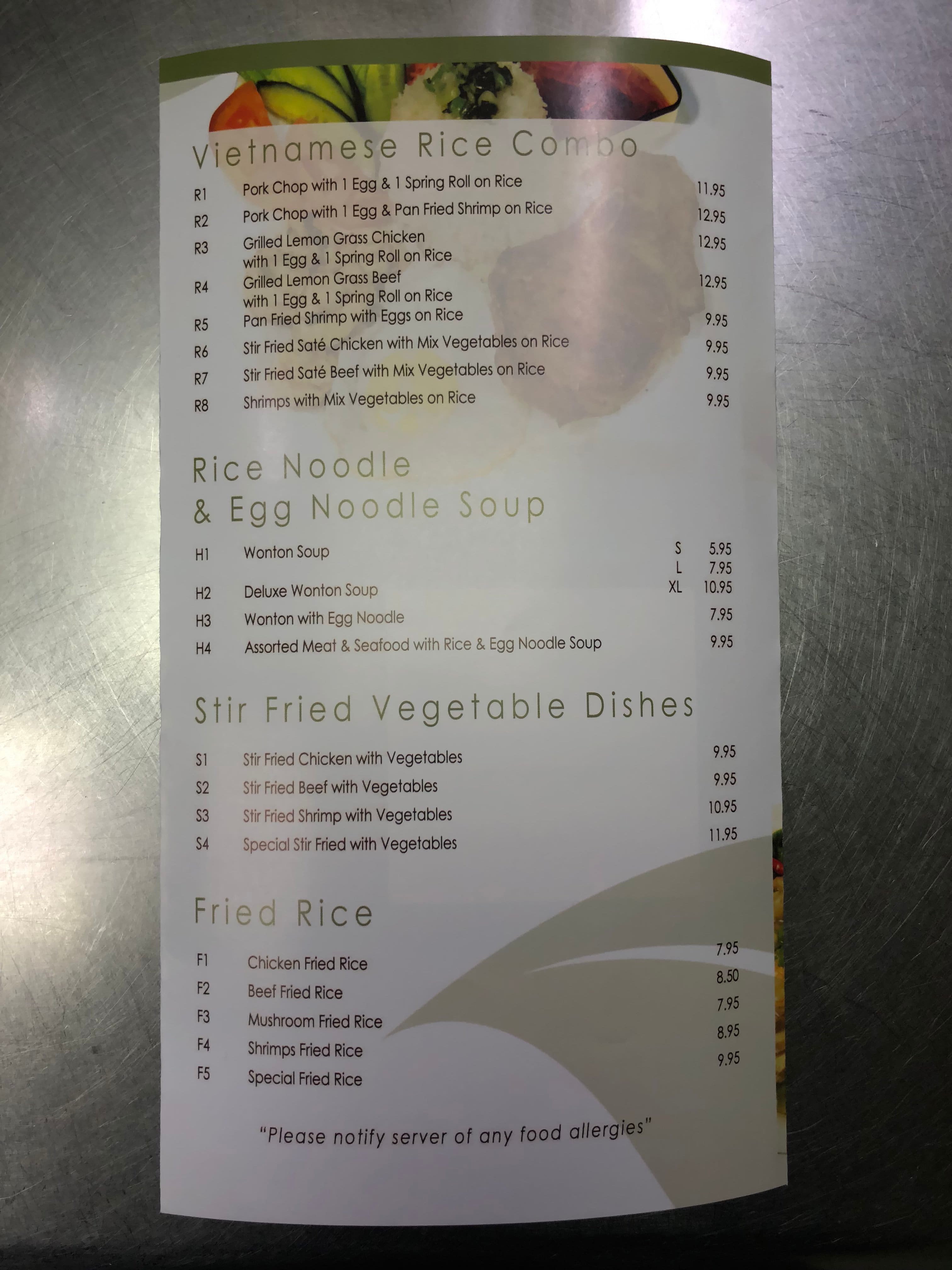 Menu at Summer Roll restaurant, Saskatoon