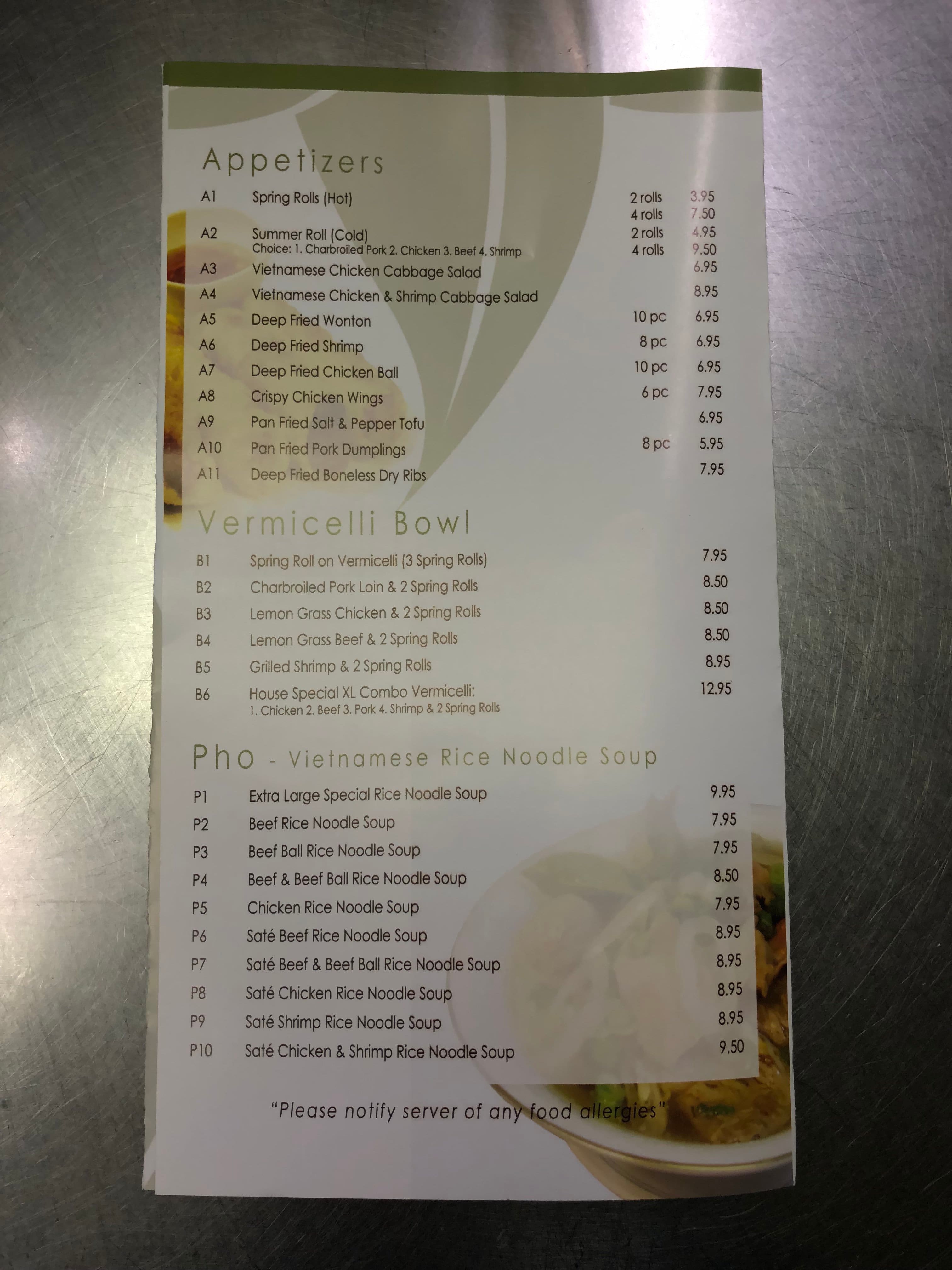 Menu at Summer Roll restaurant, Saskatoon