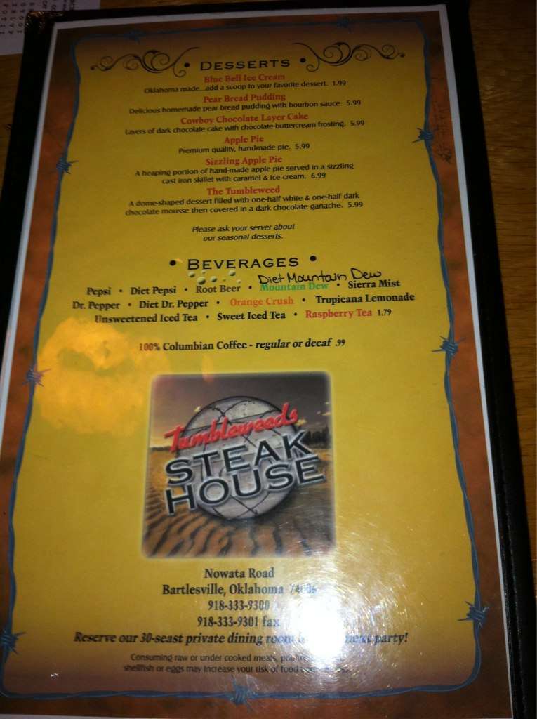 Menu at Tumbleweeds steakhouse, Bartlesville