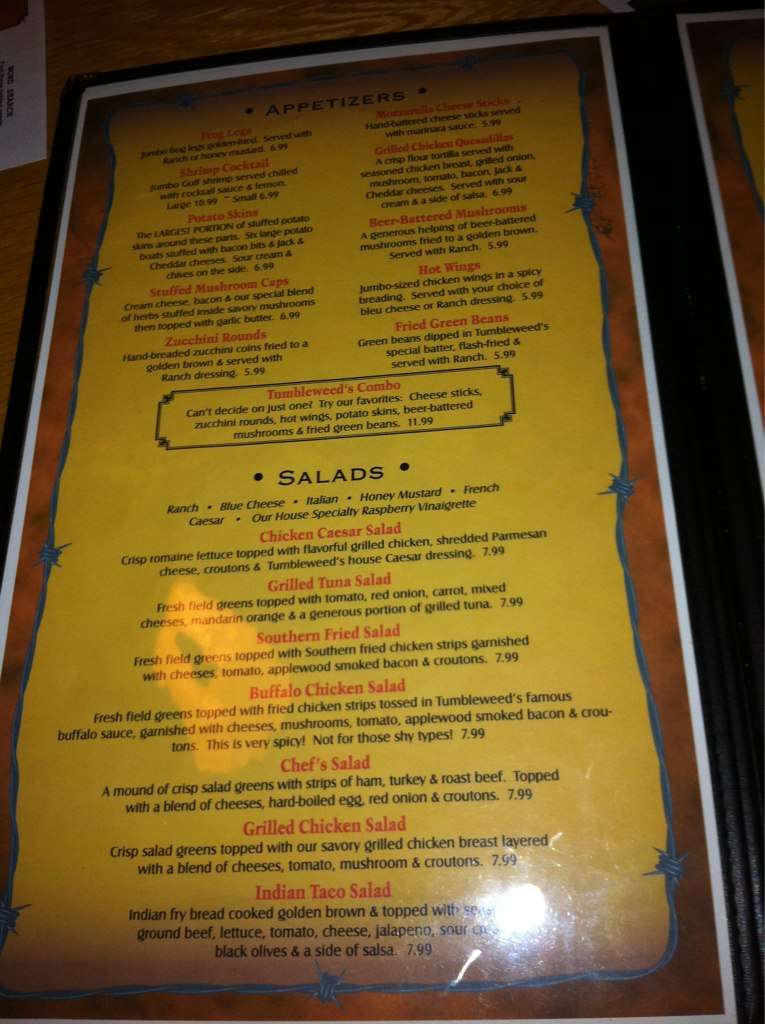 Menu at Tumbleweeds steakhouse, Bartlesville