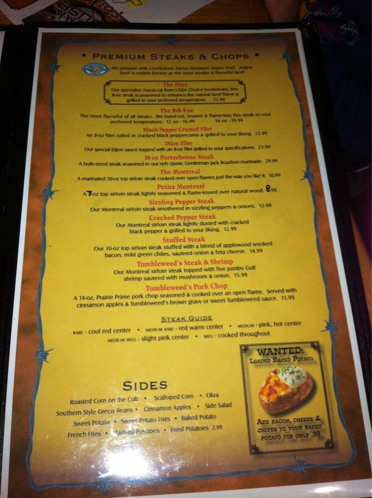 Menu at tumbleweeds steakhouse bartlesville