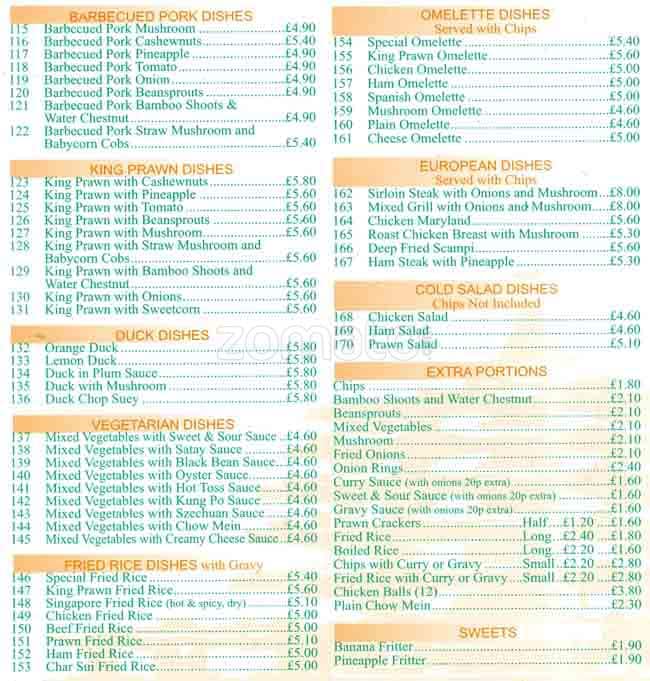 Menu at Orchid Garden fast food, Glasgow, 427 Balmore Road