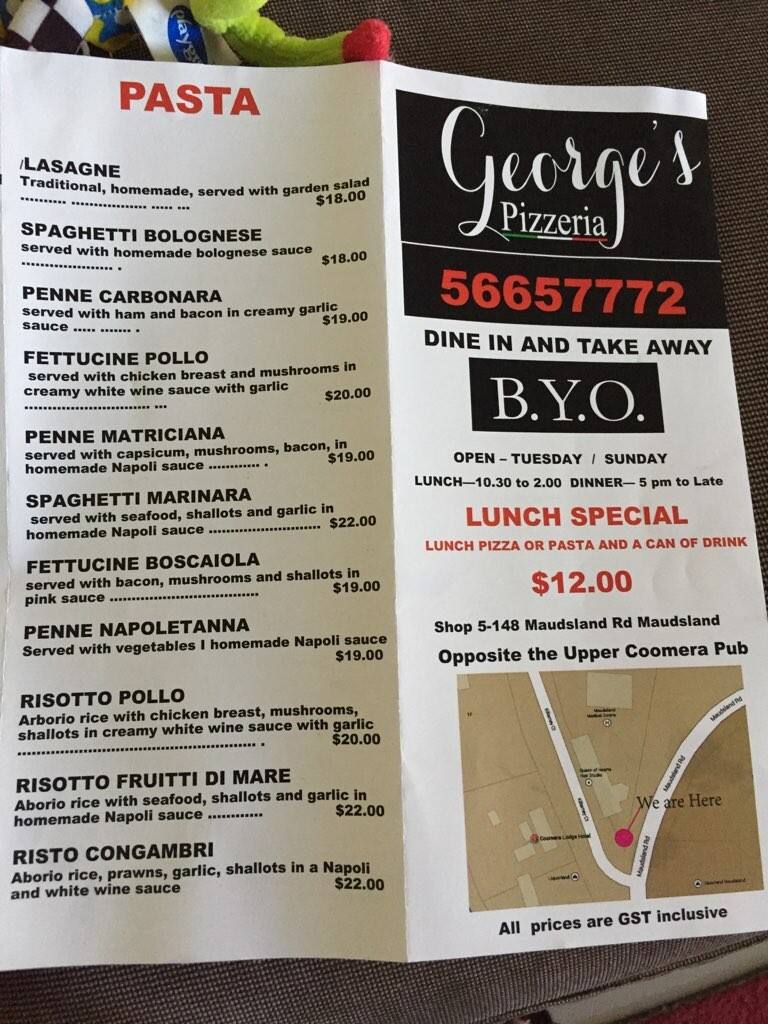 Menu at George's Pizzeria, Gold Coast, 5/148 Maudsland Rd