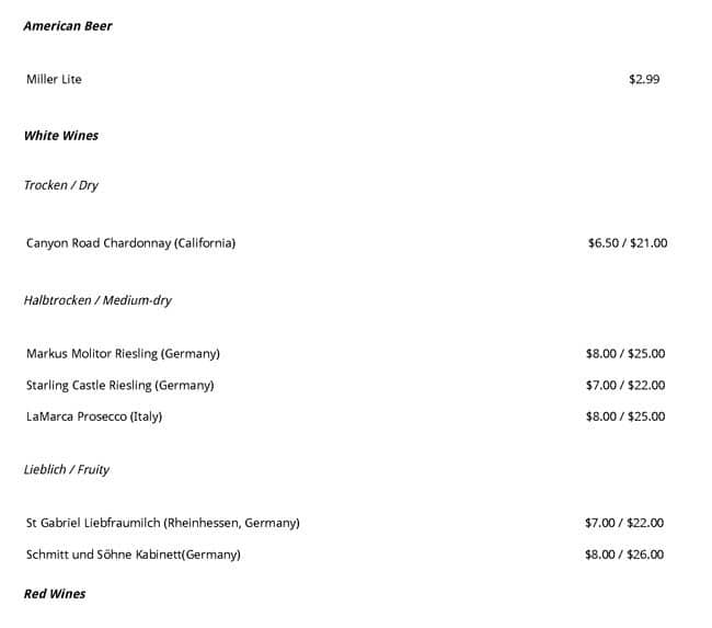 Menu at Cafe Berlin, Las Vegas