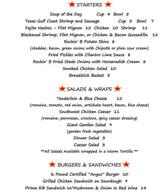 Rockin B. Steakhouse Menu, Menu For Rockin B. Steakhouse, Bryan ...