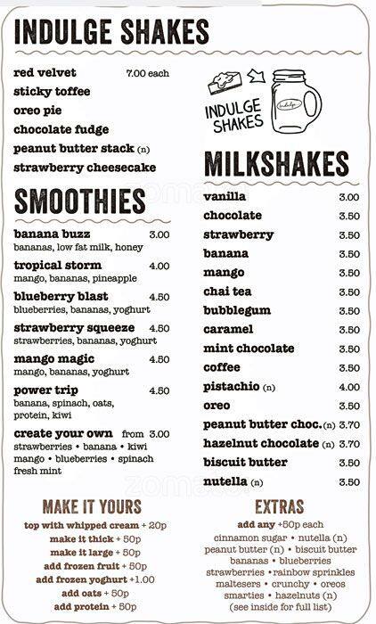 Menu at Indulge desserts, Pinner, 209-211 Marsh Rd