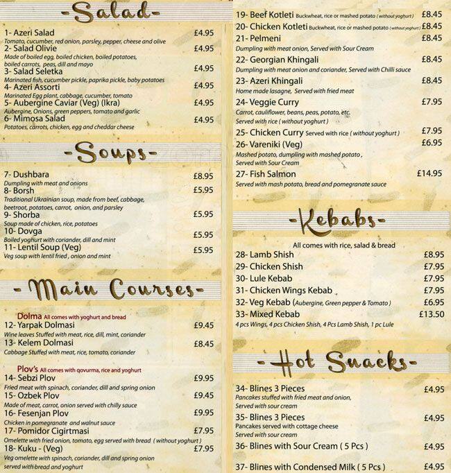 Azeri Cuisine Menu, Menu for Azeri Cuisine, King's Cross, London