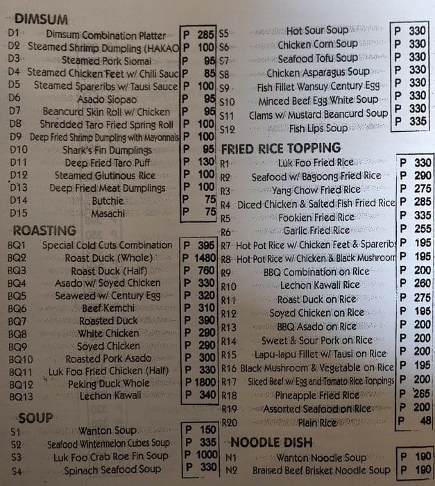 Luk Foo Menu, Menu for Luk Foo, Pleasant Hills, Mandaluyong City