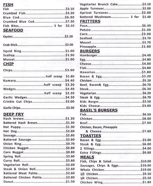 Menu at Basils Fish Supply restaurant, Masterton