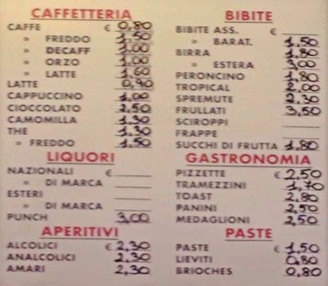 Menu di C'era una Volta il Caffè 