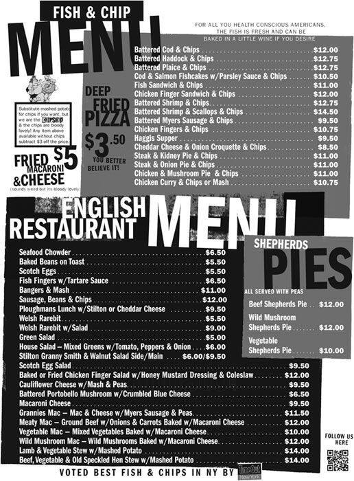 Chip Shop Menu, Menu for Chip Shop, Cobble Hill, New York City