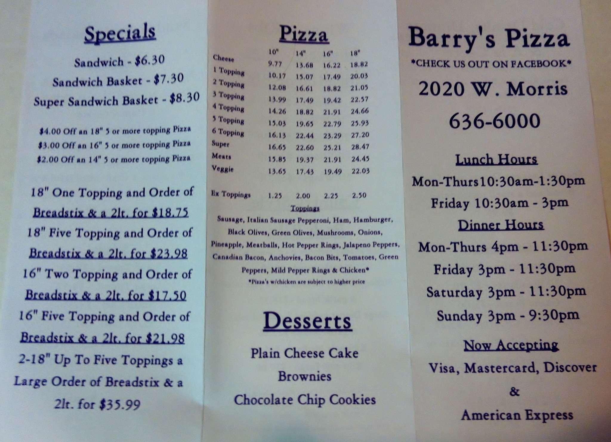Barry's Pizza and Wings Menu Urbanspoon/Zomato