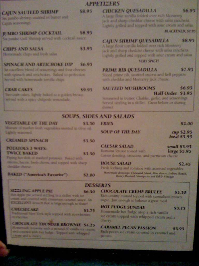 Menu at The Butcher Shop steakhouse, Little Rock