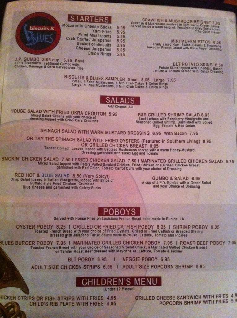 Menu at Biscuits & Blues pub & bar, Natchez