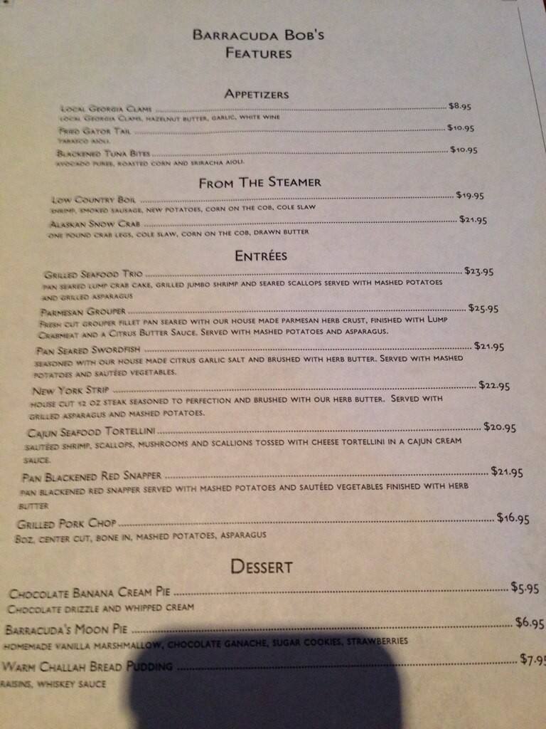 Menu at Barracuda Bob’s Bar and Grill, Savannah