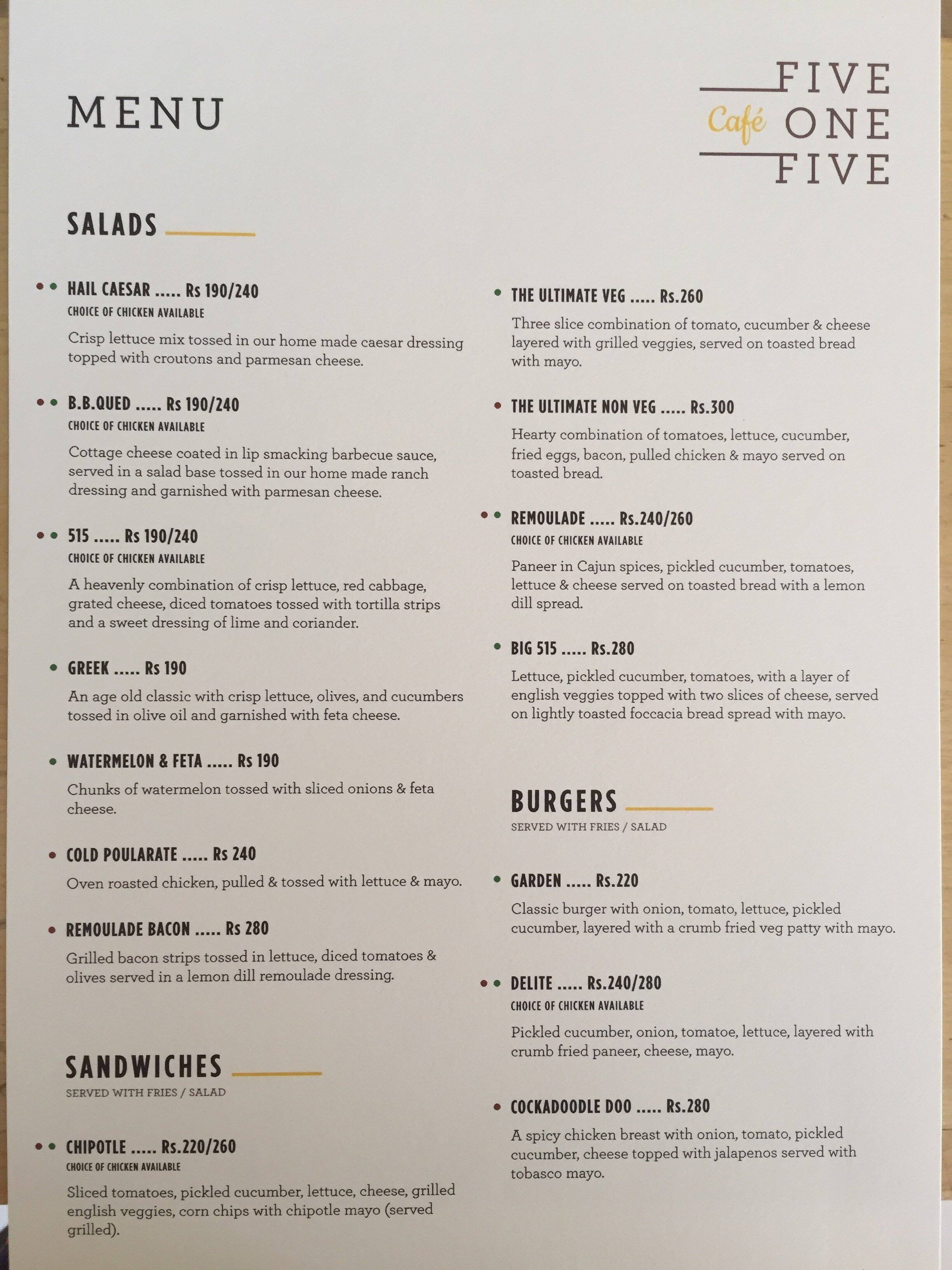 Cafe Five One Five Menu Menu For Cafe Five One Five Indiranagar Bangalore