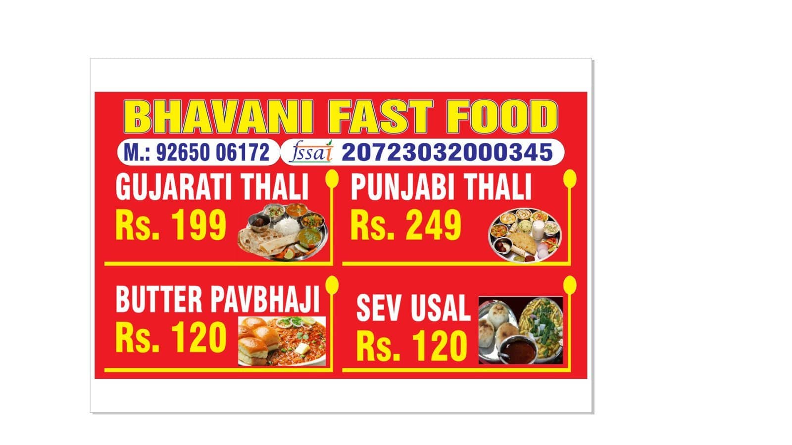 Menu of Bhavani Fast Foods, Yakutpura, Vadodara